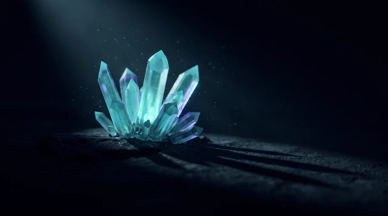 Kristalstructuur die van binnenuit oplicht in teal