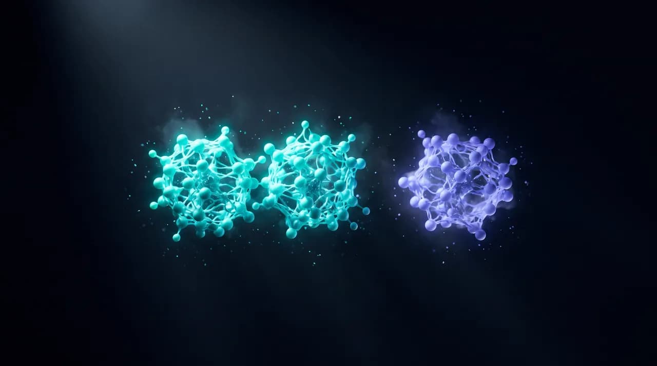 Drie verwante molecuulstructuren naast elkaar in teal en indigo