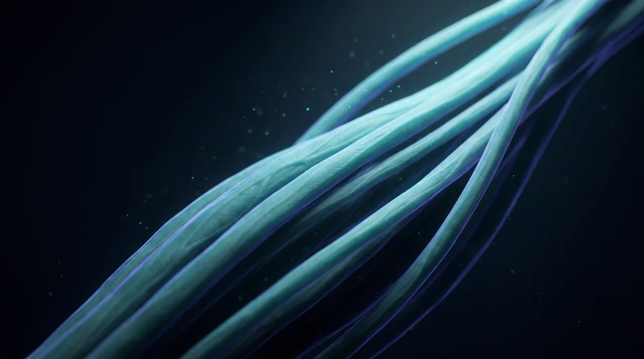 Pees- en spiervezels in macro, oplichtend in teal