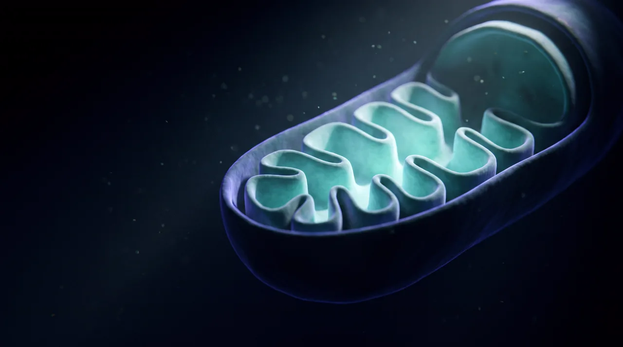 Mitochondrion in close-up met oplichtende binnenmembranen