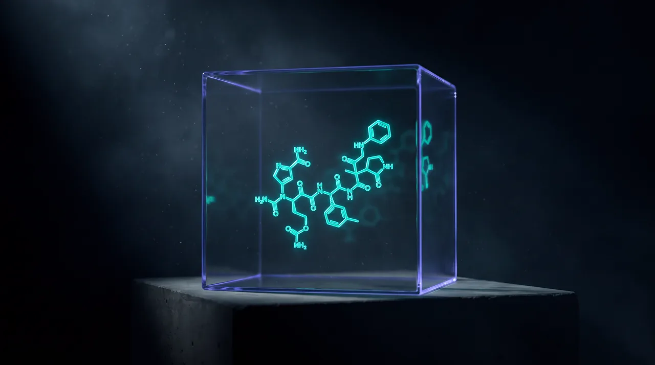 Peptidemolecuul in een glazen vitrine als symbool voor regelgeving